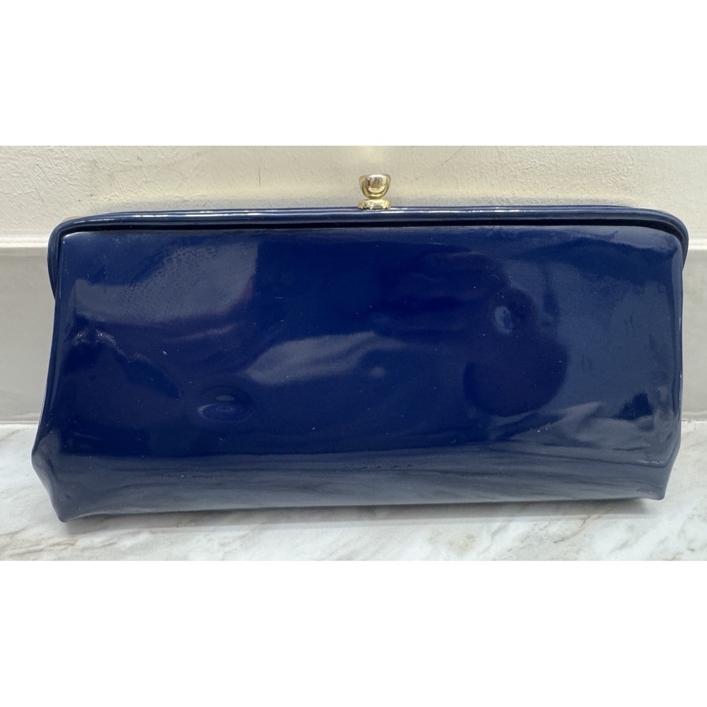 Vintage 1950s Navy Blue Leather Clutch Purse Gold Clasp